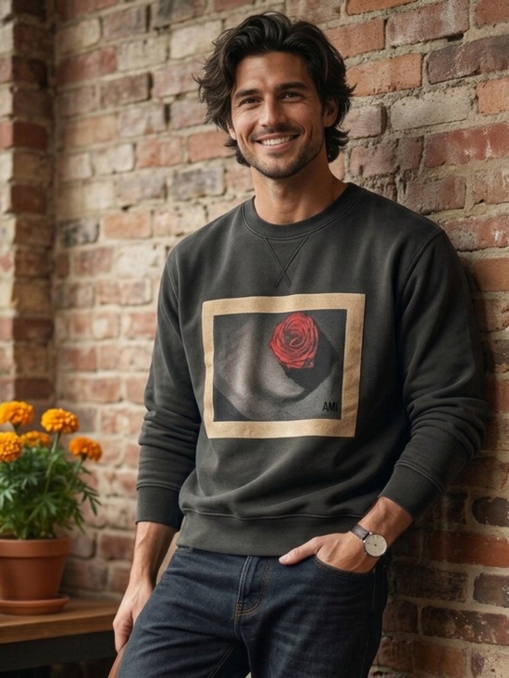 Archival AMI Paris Alexandre Mattiussi Rose Graphic Sweatshirt Khaki Grey S